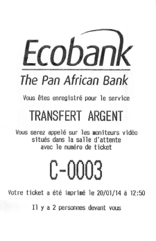 ticket gestion file attente imprimé numéro numéroté papier extratime accueil banque caisse guichet Ecobank