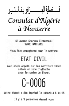 ticket gestion file attente imprimé numéro numéroté papier extratime accueil ambassade consulat Algérie