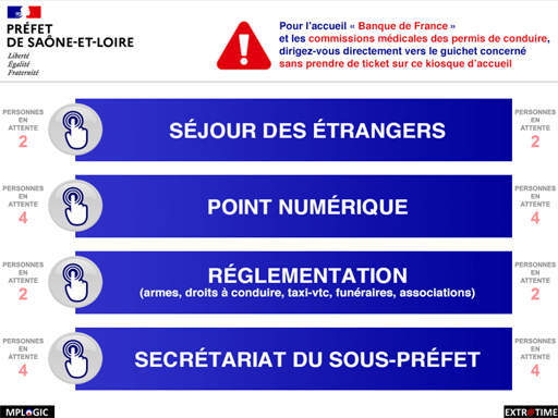Interface ordinateur PC gestion file attente extratime Préfecture de Saône-et-Loire