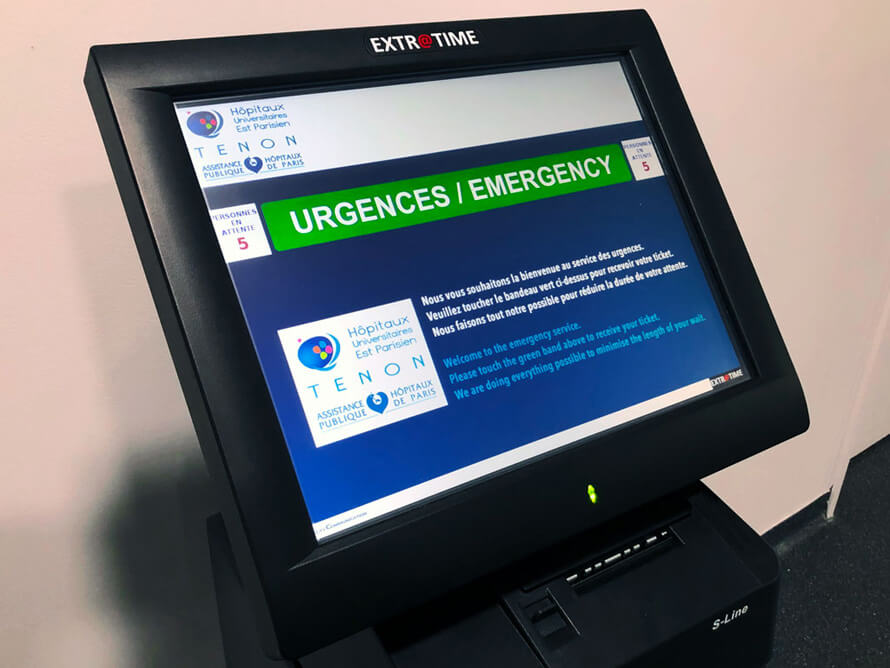 kiosque accueil gestion file attente extratime tactile imprimante tickets consulat hôpital Tenon