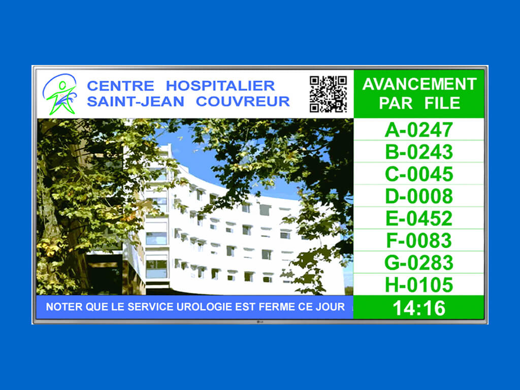 moniteur écran télévision tv vidéo gestion file ticket attente appel patient salle centre hospitalier chu