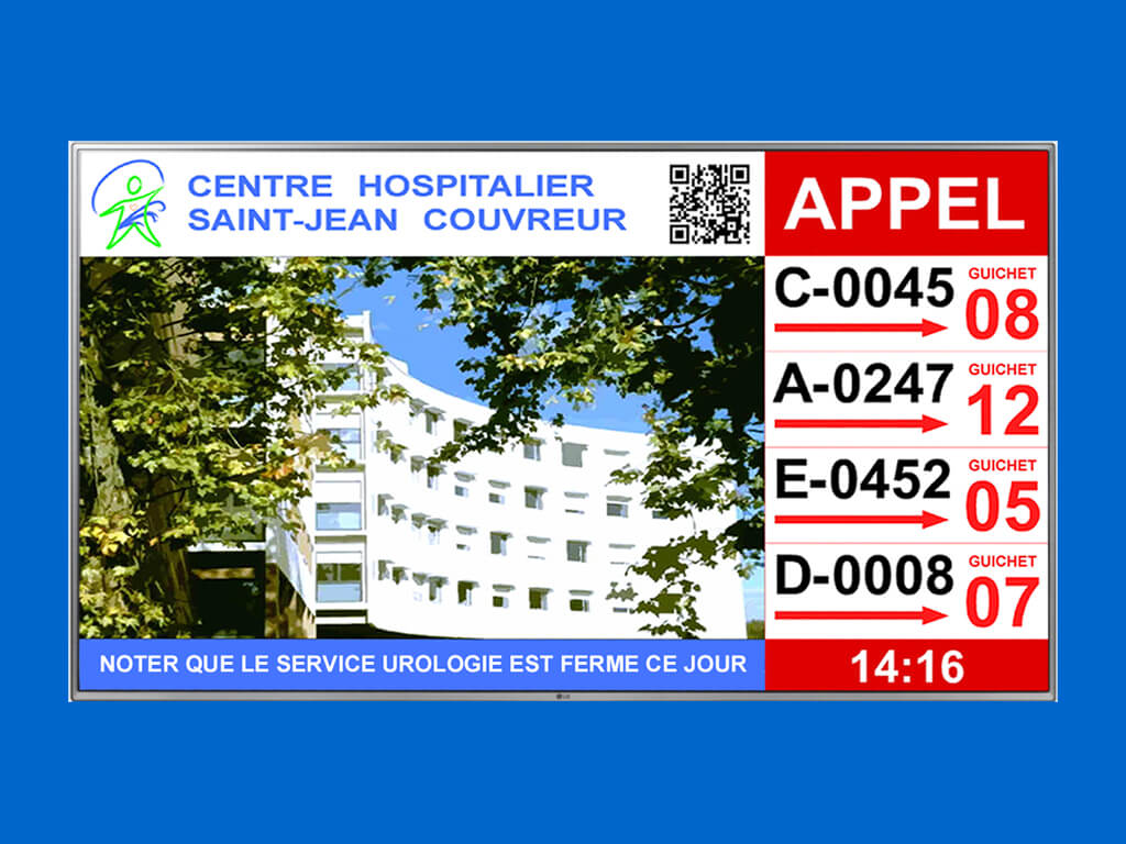 moniteur écran télévision tv vidéo gestion file ticket attente appel salle centre hospitalier chu