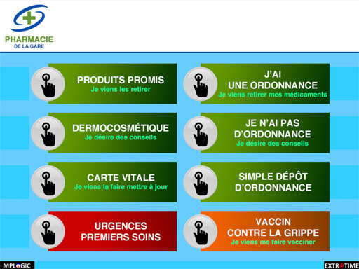 Interface ordinateur PC gestion file attente extratime accueil pharmacie officine médicament ordonnance