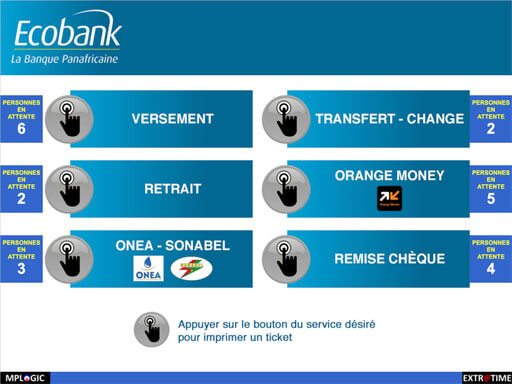 Interface ordinateur PC gestion file attente extratime banque ecobank accueil client caisse guichet