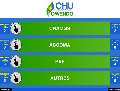 Interface ordinateur PC gestion file attente extratime chu Owendo médical patient admission